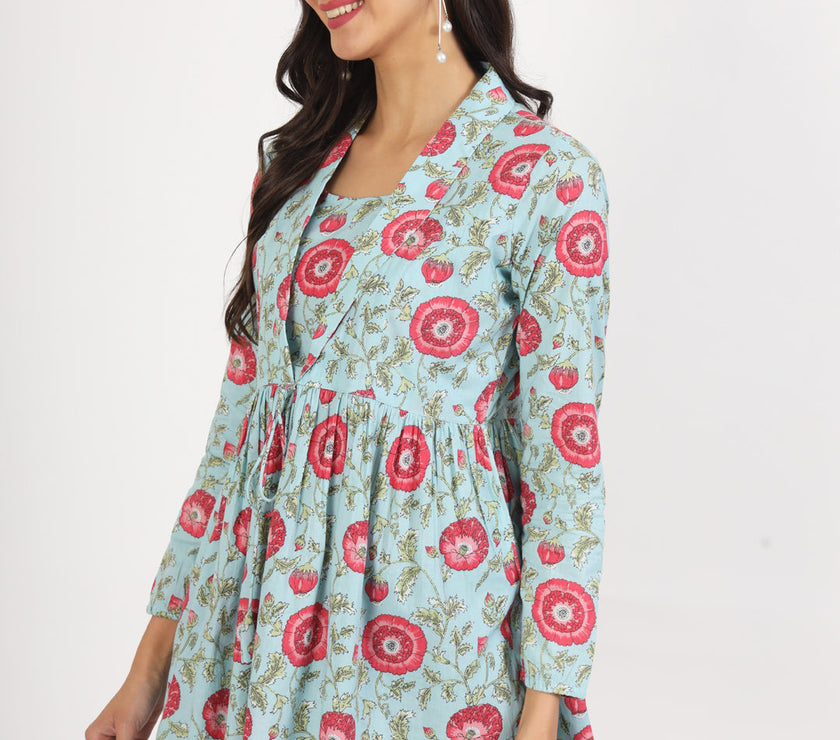 Divena Sky Blue Floral Printed Cotton Top