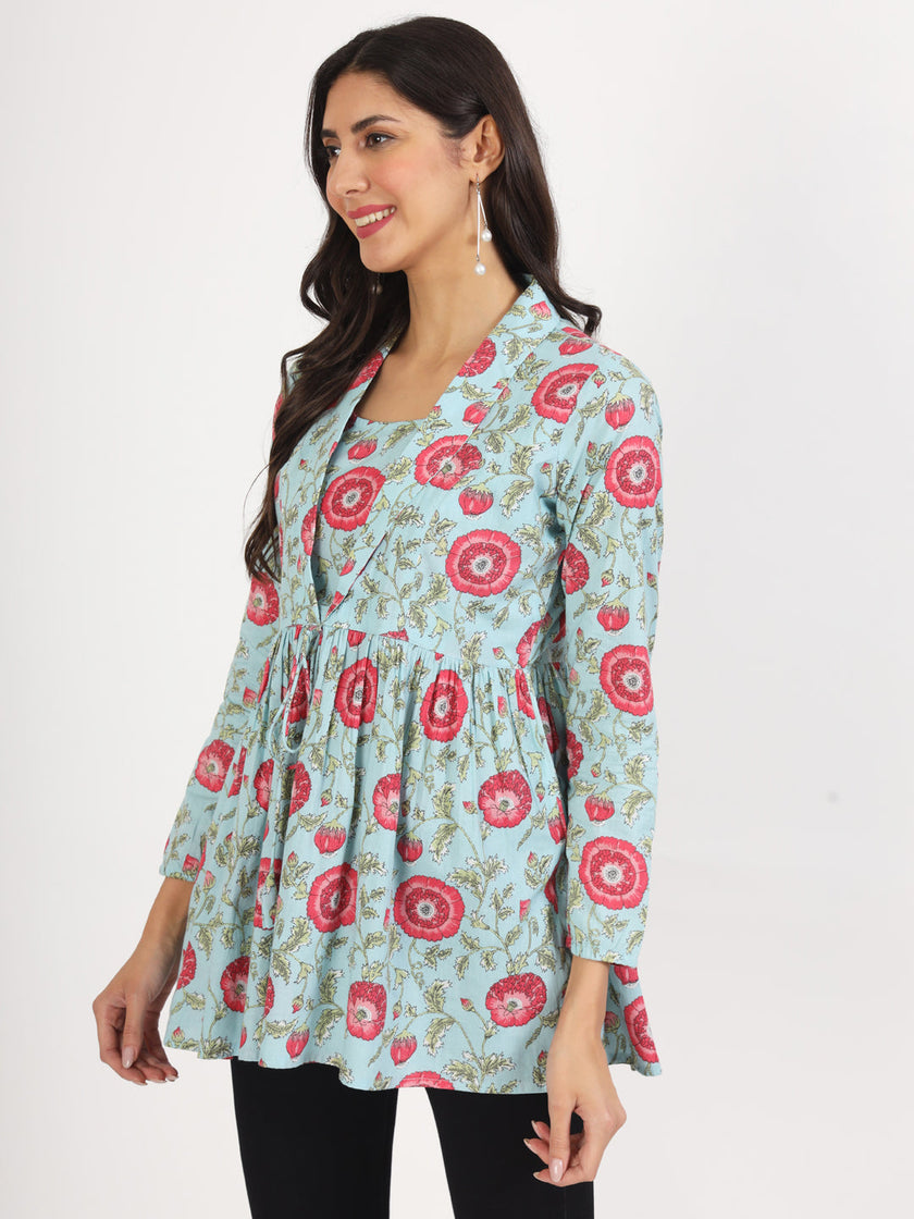 Divena Sky Blue Floral Printed Cotton Top