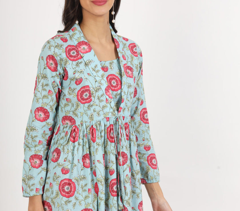 Divena Sky Blue Floral Printed Cotton Top