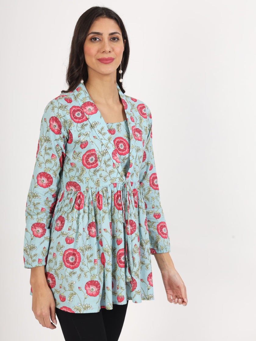 Divena Sky Blue Floral Printed Cotton Top