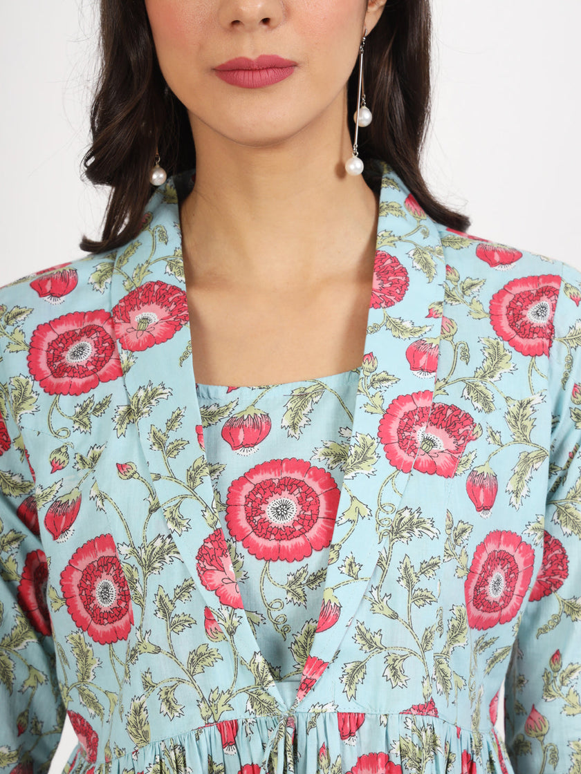 Divena Sky Blue Floral Printed Cotton Top