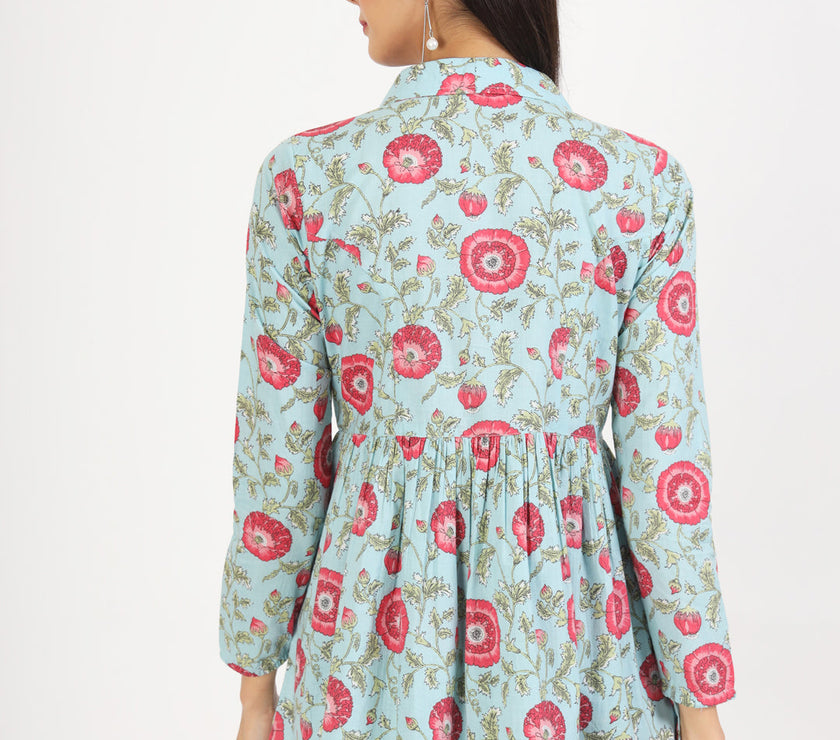 Divena Sky Blue Floral Printed Cotton Top