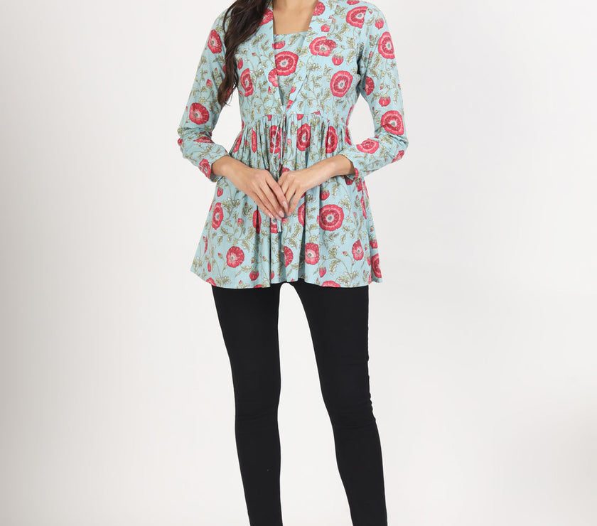 Divena Sky Blue Floral Printed Cotton Top