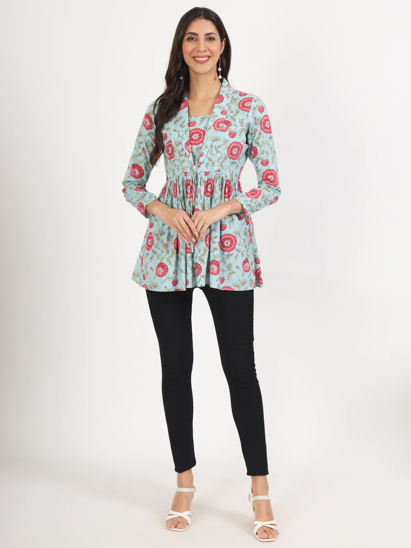 Divena Sky Blue Floral Printed Cotton Top