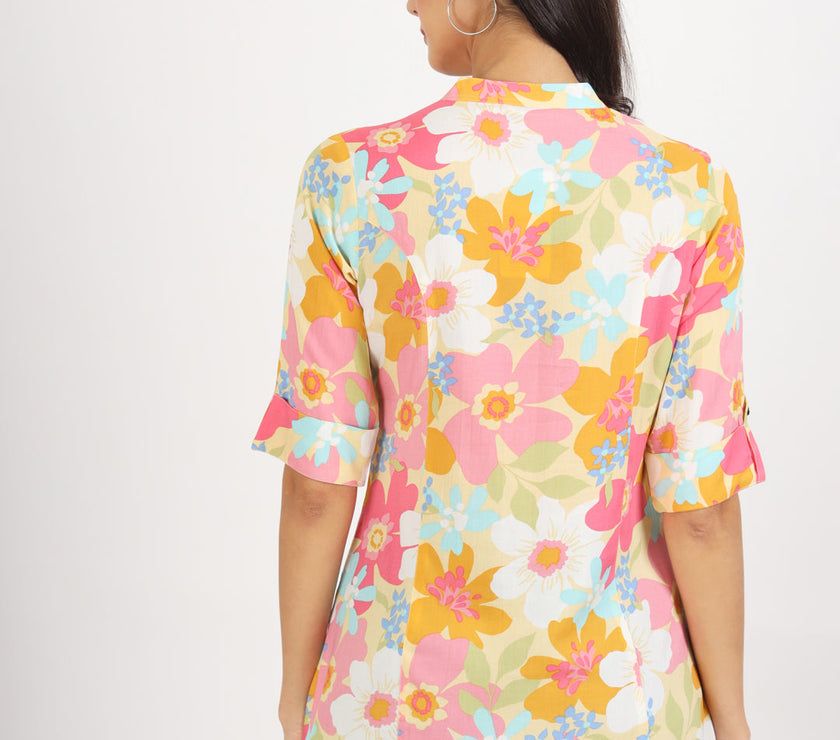 Divena Yellow Floral Printed Fold Sleeve Rayon Top