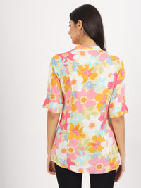 Divena Yellow Floral Printed Fold Sleeve Rayon Top