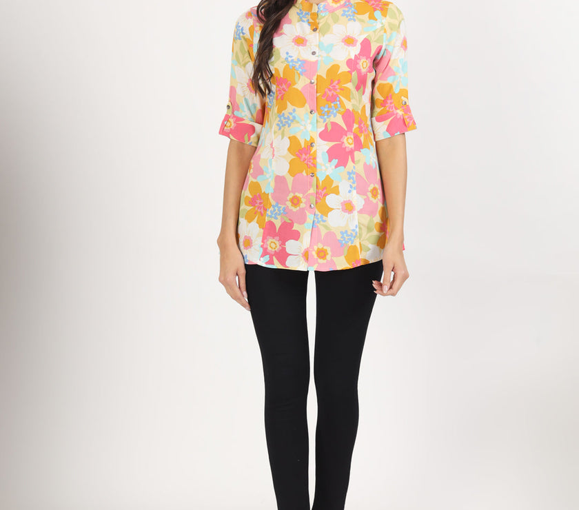 Divena Yellow Floral Printed Fold Sleeve Rayon Top