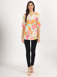 Divena Yellow Floral Printed Fold Sleeve Rayon Top