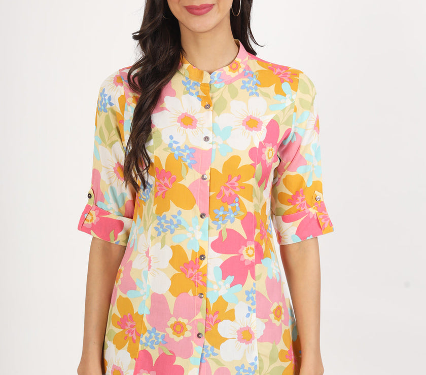 Divena Yellow Floral Printed Fold Sleeve Rayon Top