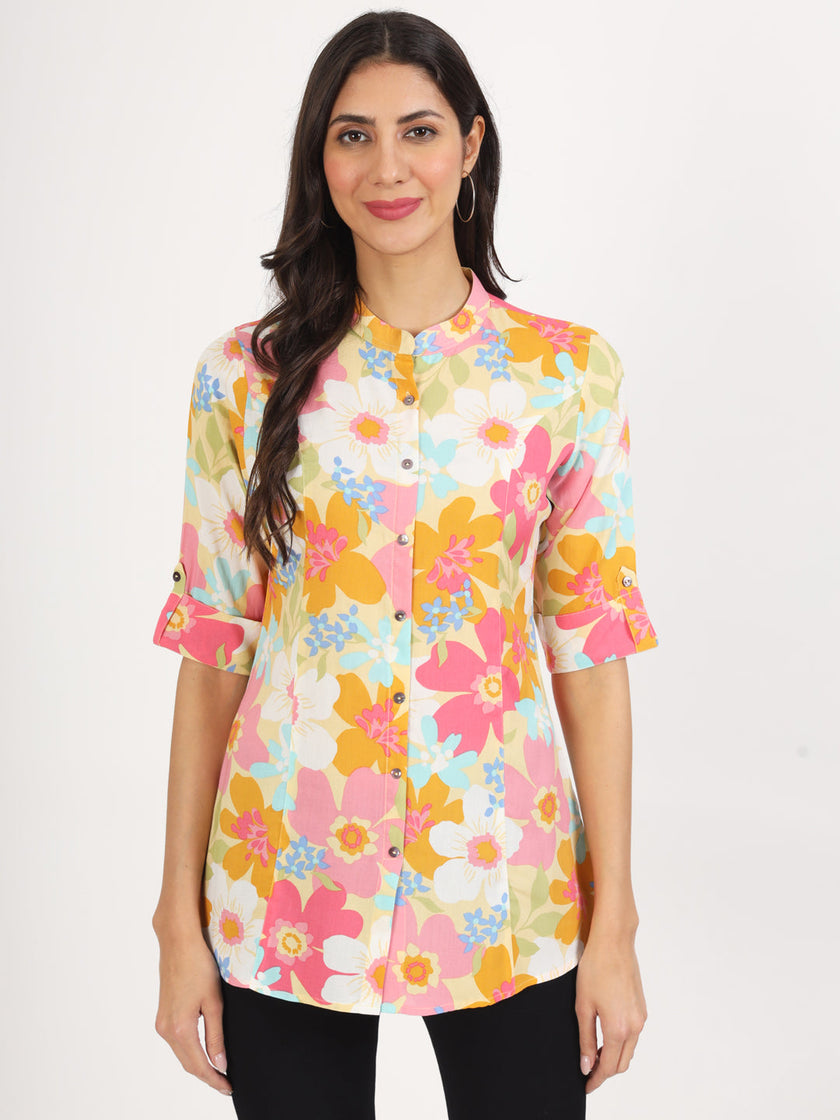 Divena Yellow Floral Printed Fold Sleeve Rayon Top