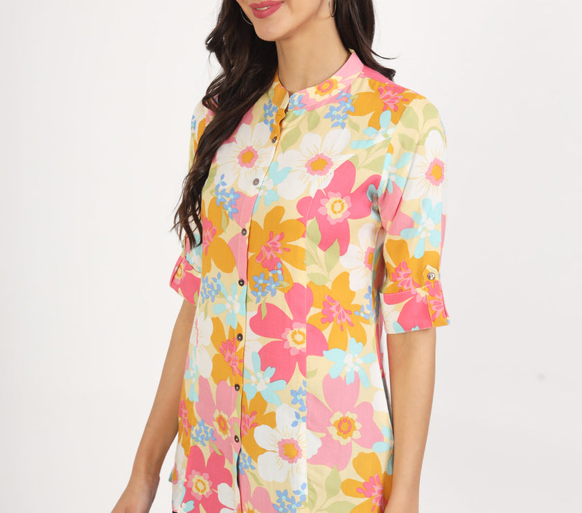 Divena Yellow Floral Printed Fold Sleeve Rayon Top