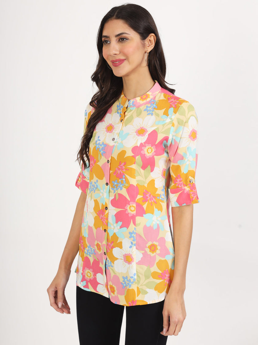 Divena Yellow Floral Printed Fold Sleeve Rayon Top