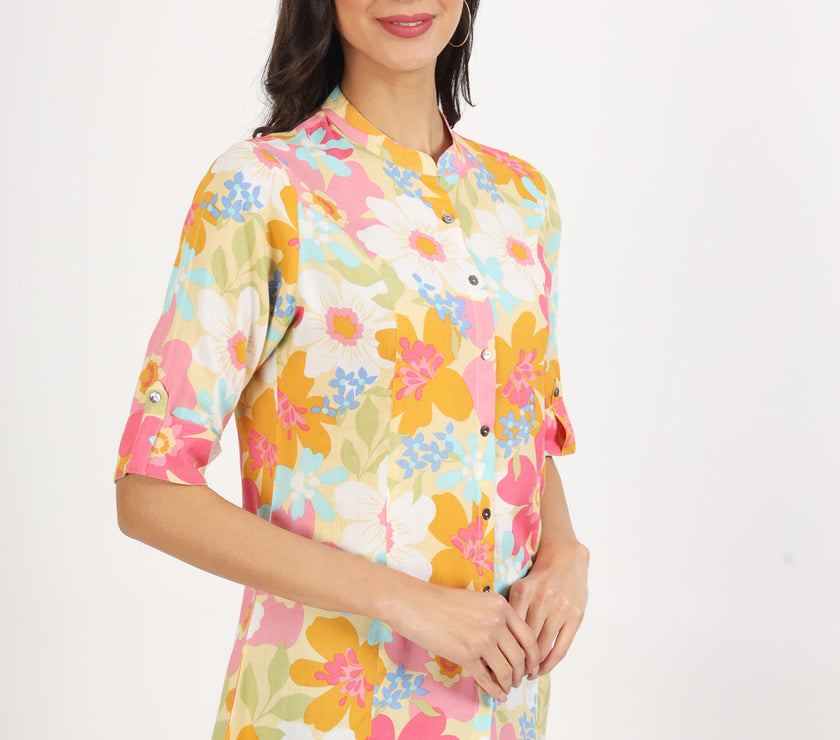 Divena Yellow Floral Printed Fold Sleeve Rayon Top