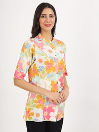 Divena Yellow Floral Printed Fold Sleeve Rayon Top