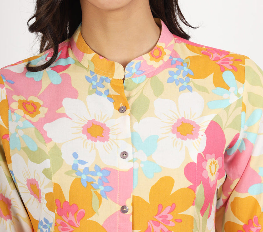 Divena Yellow Floral Printed Fold Sleeve Rayon Top