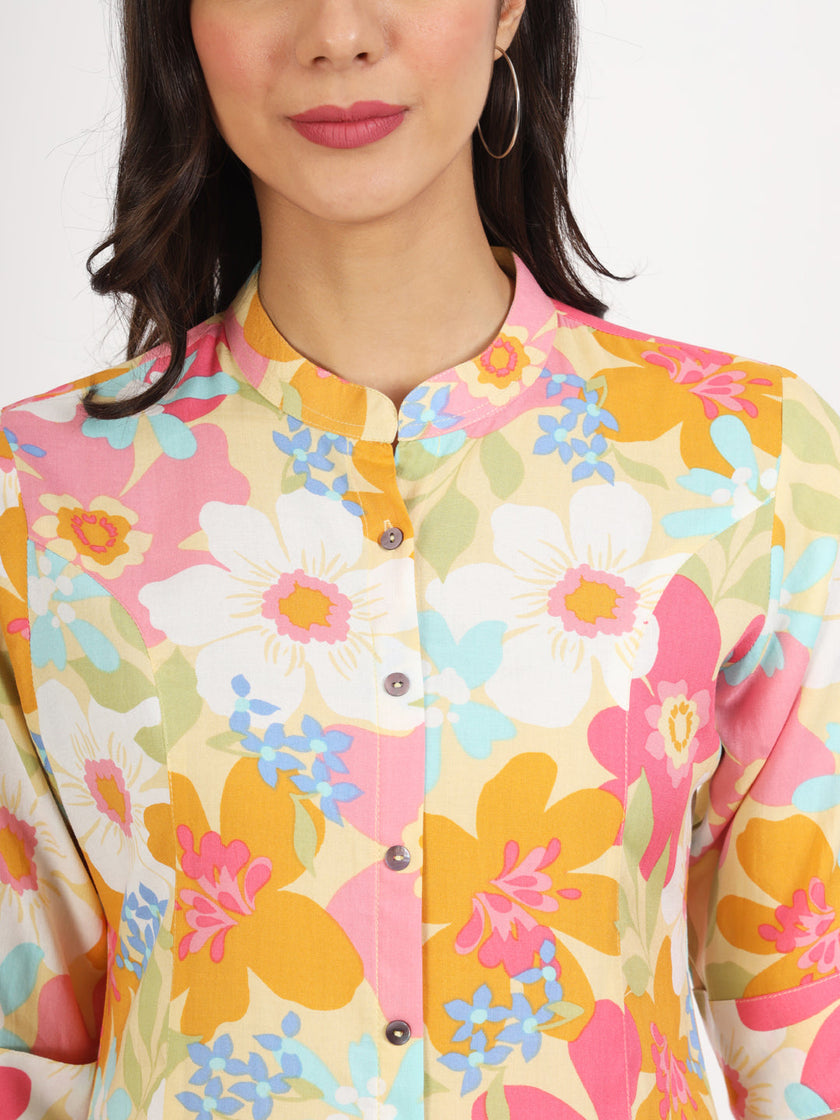 Divena Yellow Floral Printed Fold Sleeve Rayon Top