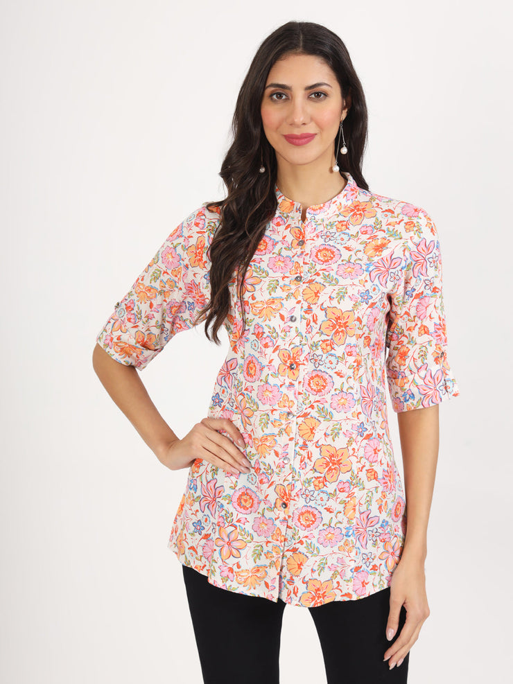 Divena White Pink Floral Printed Rayon Top