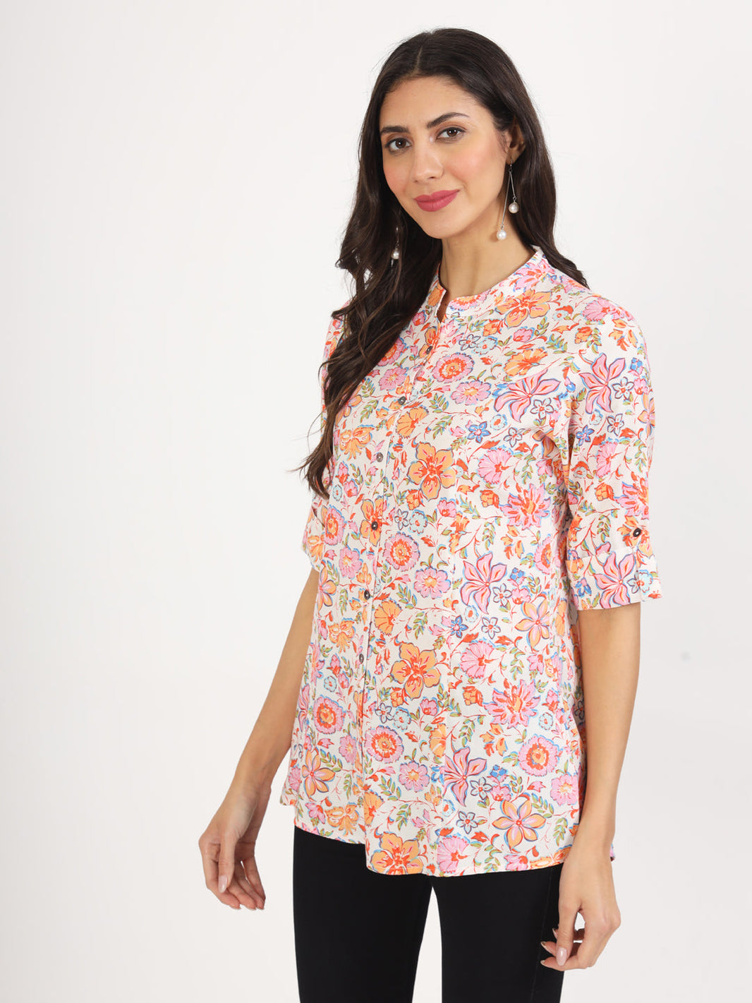 Divena White Pink Floral Printed Rayon Top