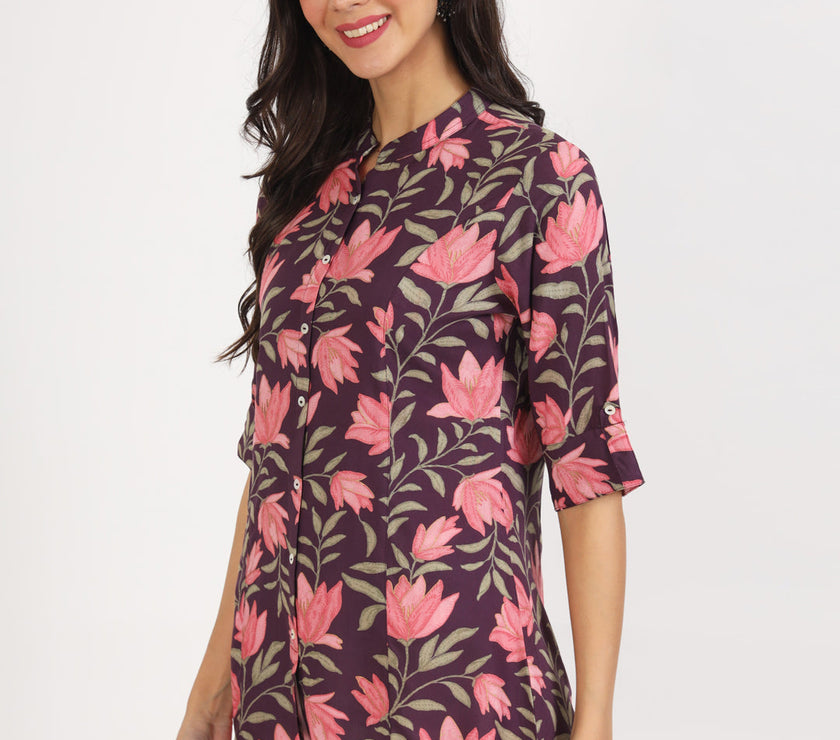 Divena Purple Floral Printed Rayon Top