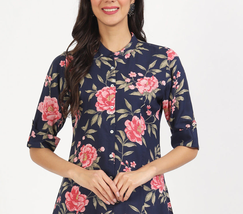 Divena Navy Blue Floral Printed Rayon Top