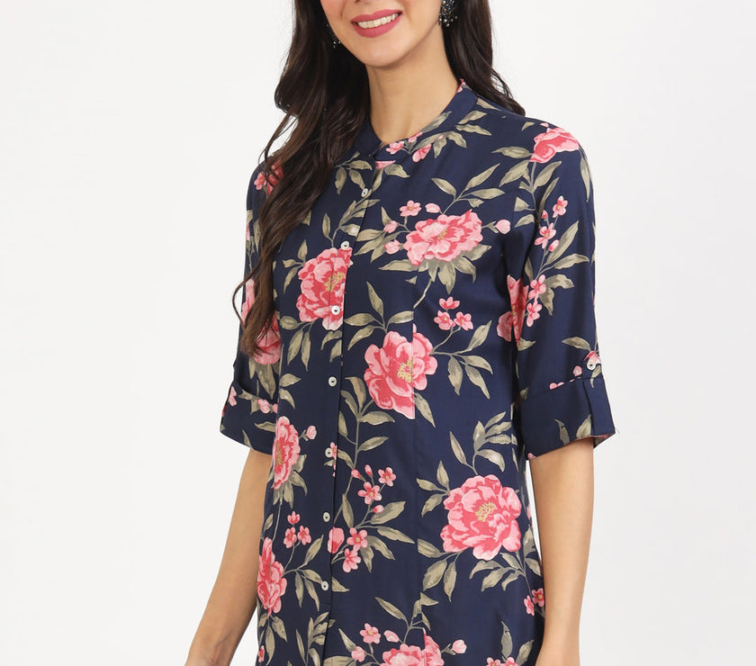 Divena Navy Blue Floral Printed Rayon Top