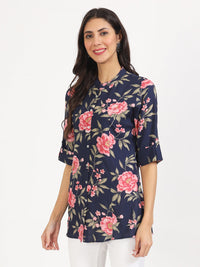 Divena Navy Blue Floral Printed Rayon Top