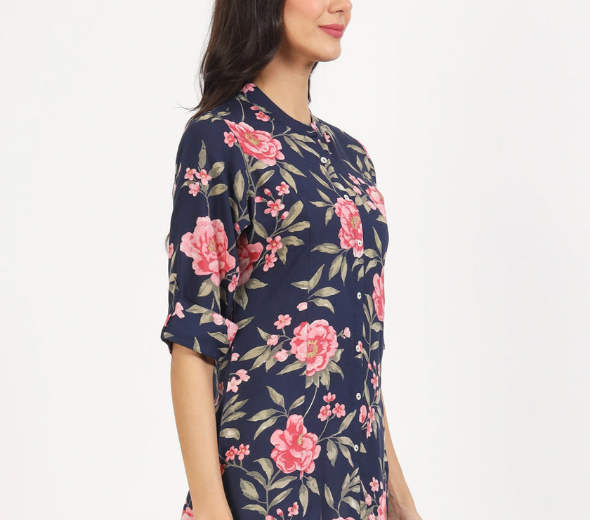 Divena Navy Blue Floral Printed Rayon Top