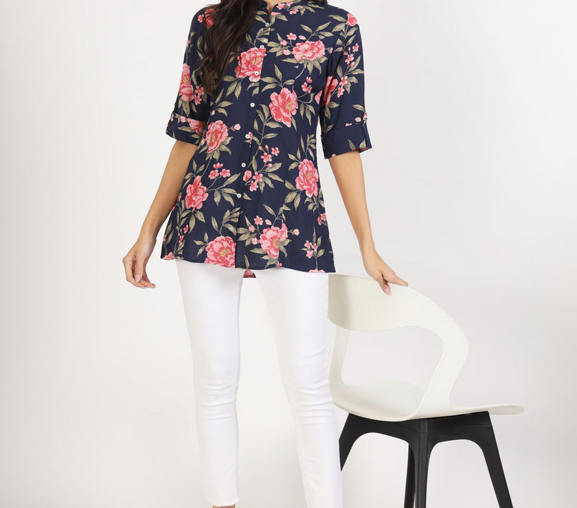 Divena Navy Blue Floral Printed Rayon Top