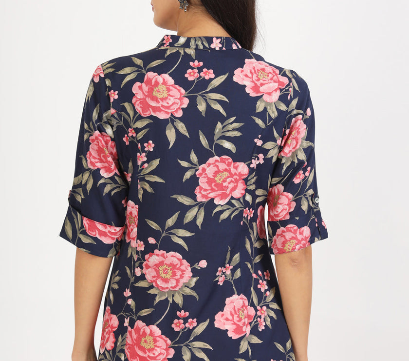 Divena Navy Blue Floral Printed Rayon Top