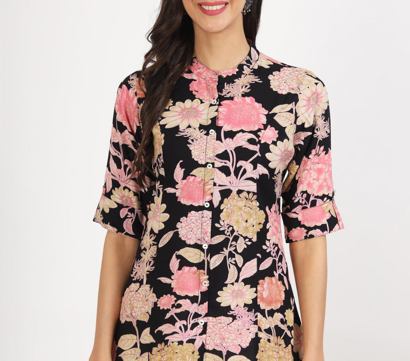 Divena Black Floral Printed Rayon Top