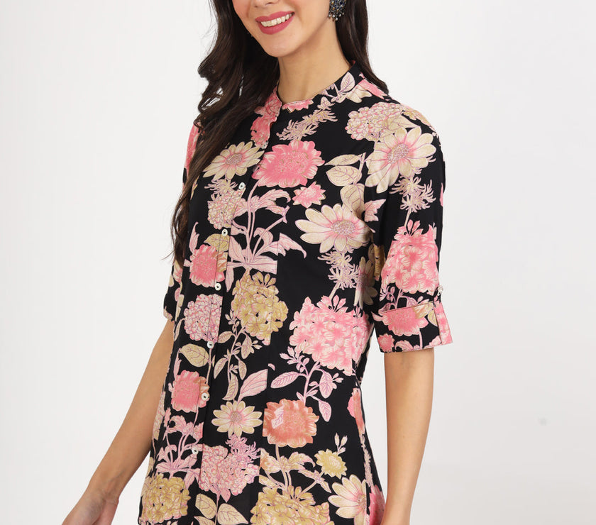 Divena Black Floral Printed Rayon Top