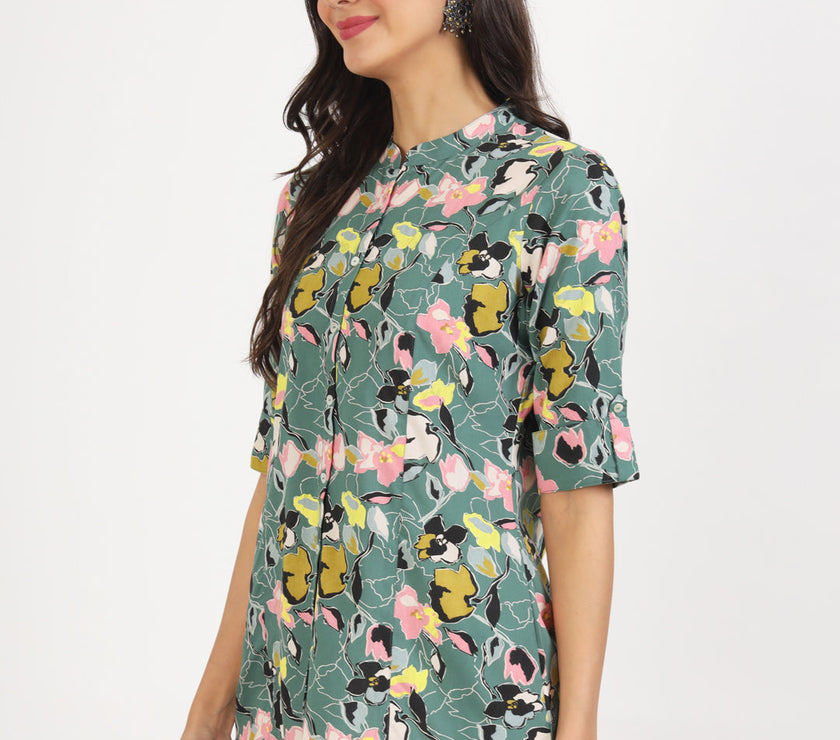 Divena Green Pink Floral Printed Rayon Top