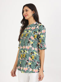 Divena Green Pink Floral Printed Rayon Top