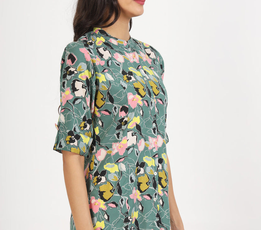 Divena Green Pink Floral Printed Rayon Top