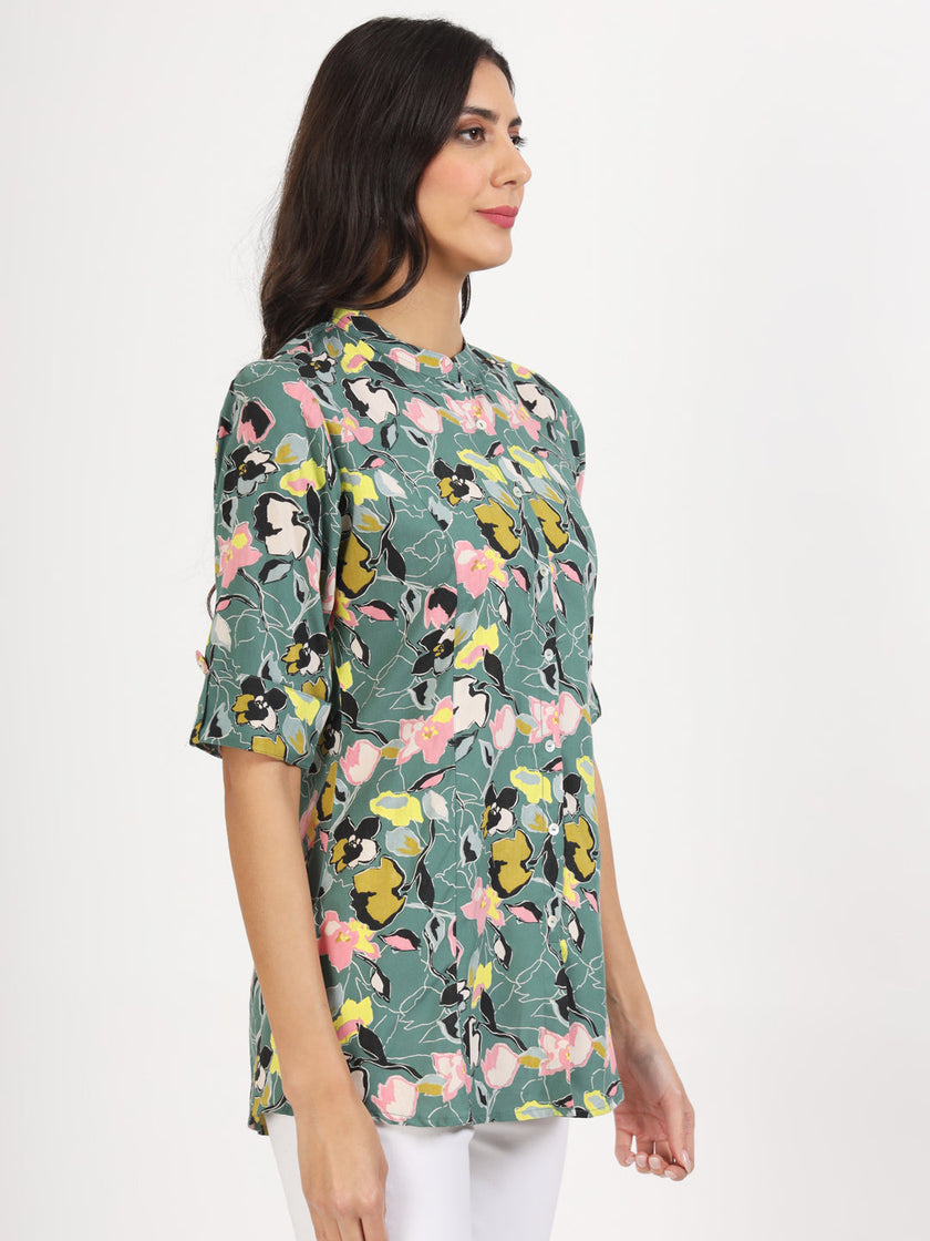 Divena Green Pink Floral Printed Rayon Top