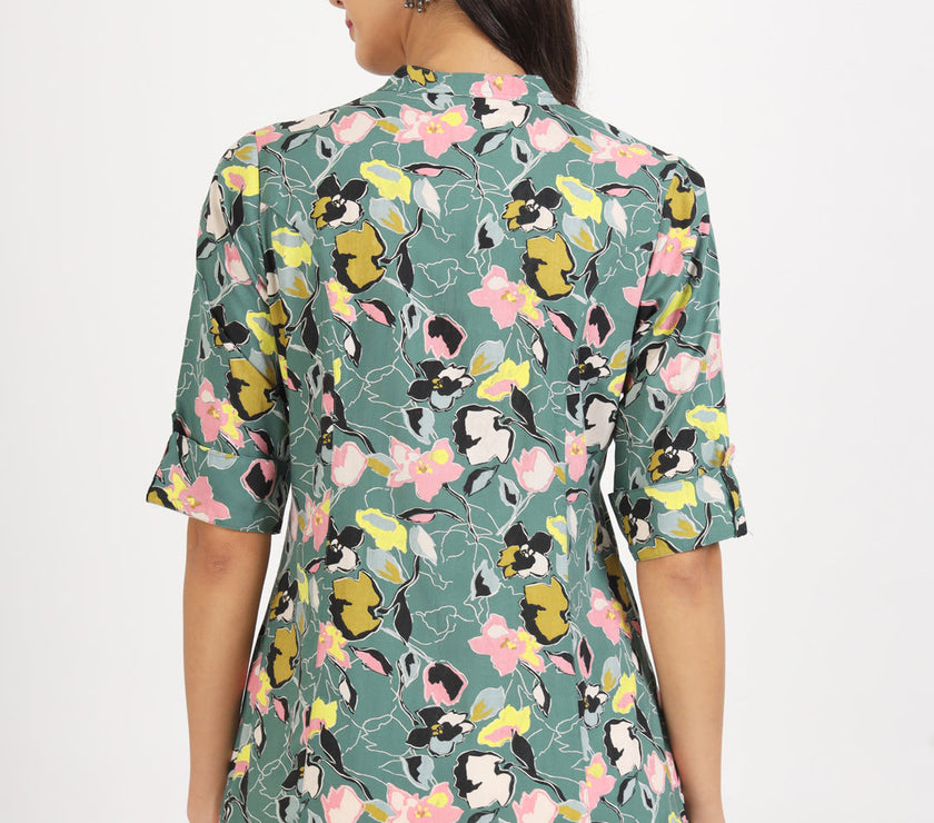 Divena Green Pink Floral Printed Rayon Top