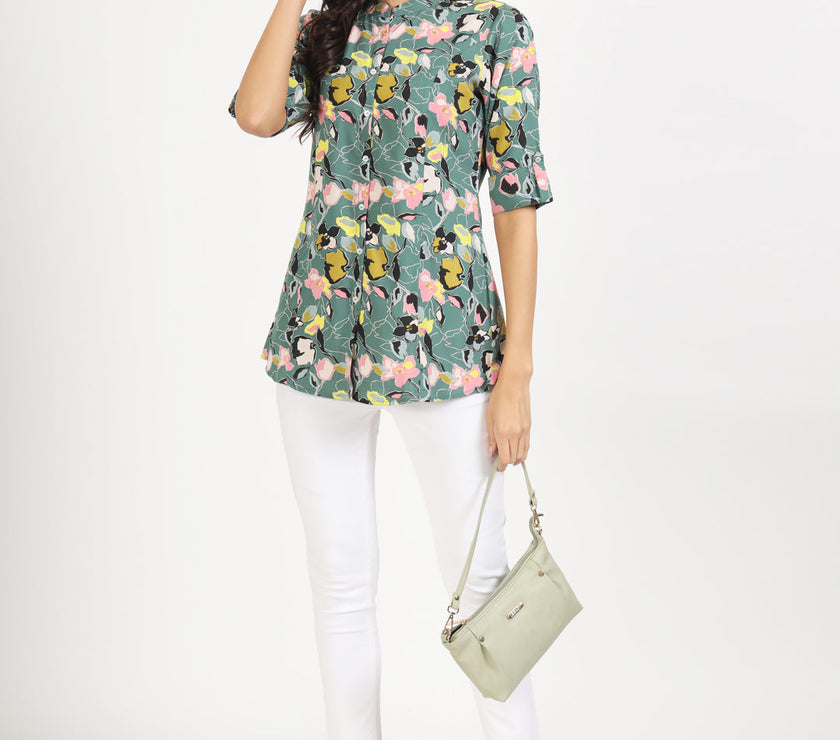 Divena Green Pink Floral Printed Rayon Top