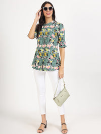 Divena Green Pink Floral Printed Rayon Top