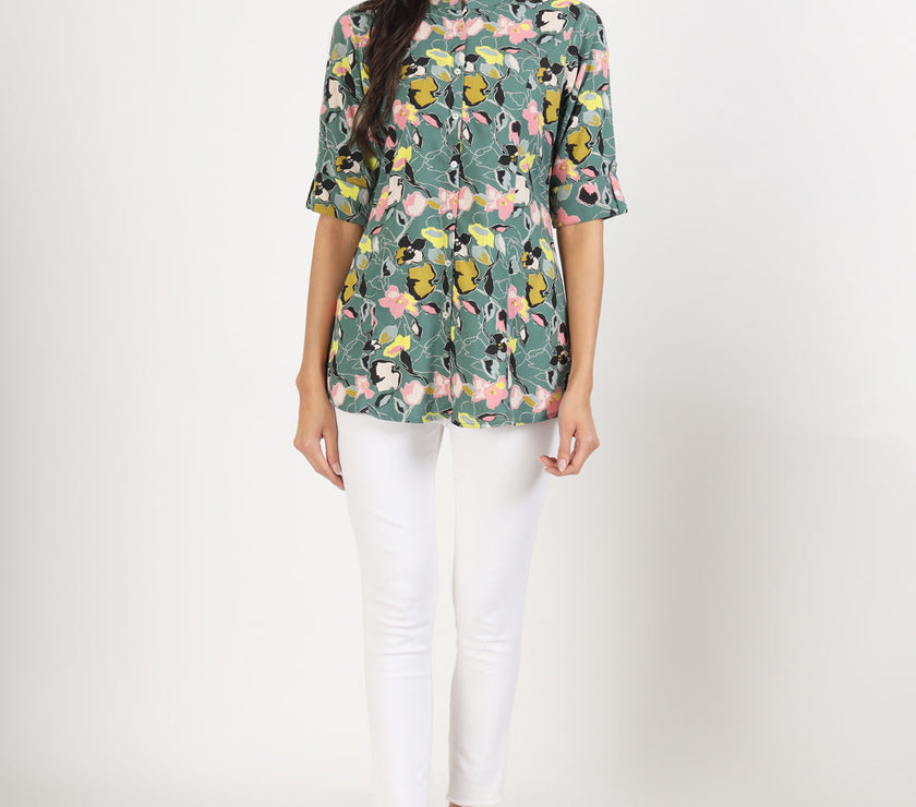 Divena Green Pink Floral Printed Rayon Top