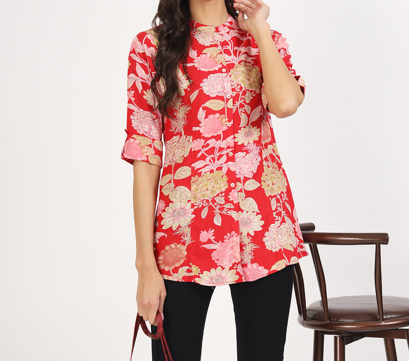 Divena Red Floral Printed Rayon Top