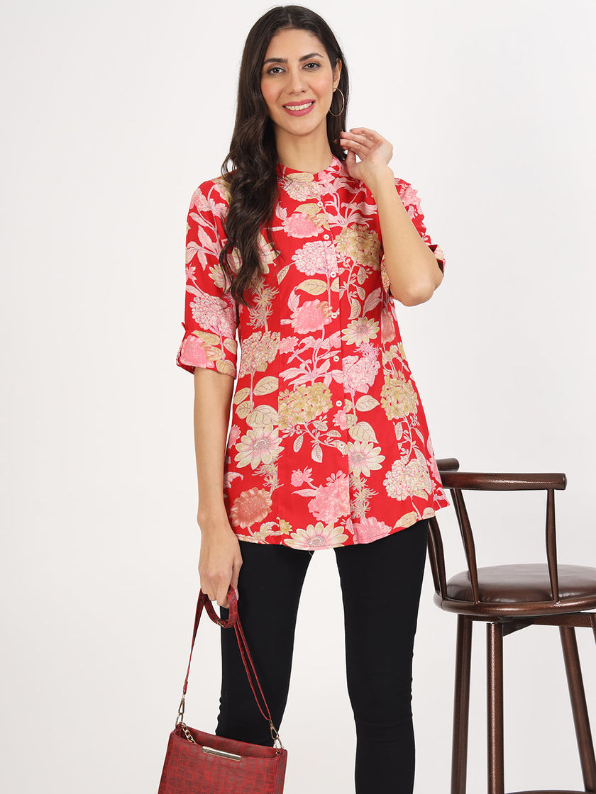 Divena Red Floral Printed Rayon Top