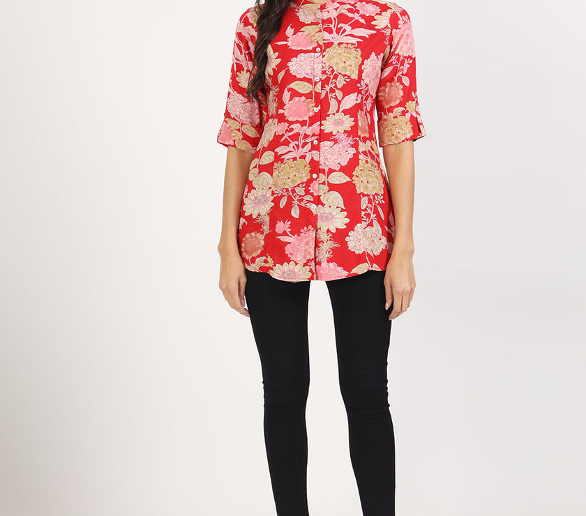 Divena Red Floral Printed Rayon Top