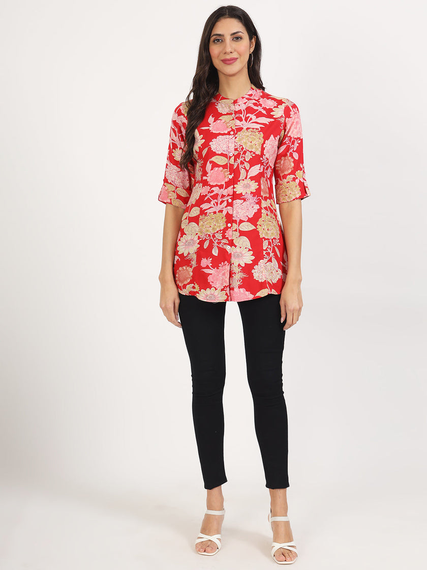 Divena Red Floral Printed Rayon Top