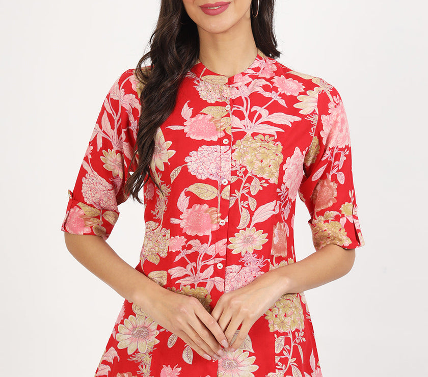 Divena Red Floral Printed Rayon Top