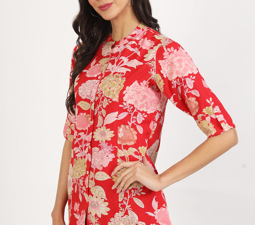 Divena Red Floral Printed Rayon Top