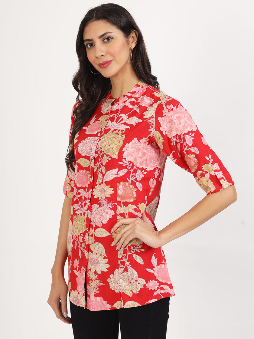 Divena Red Floral Printed Rayon Top