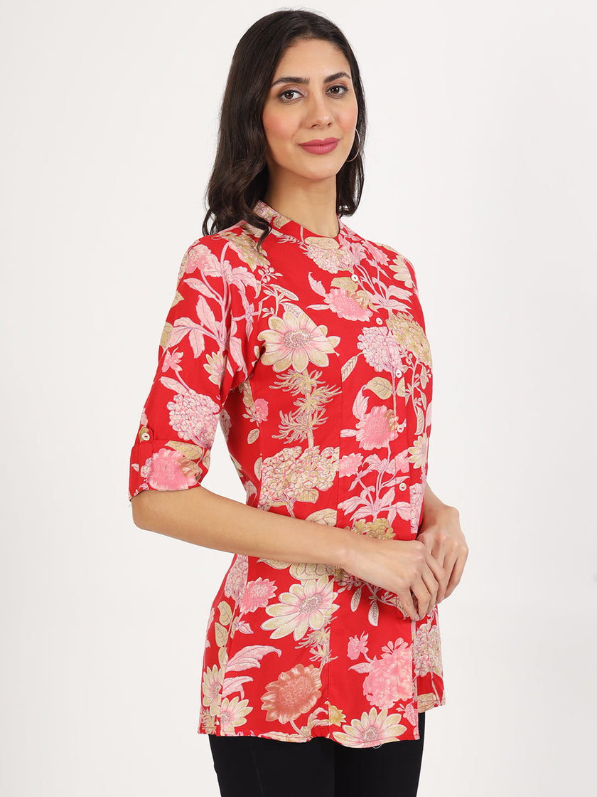 Divena Red Floral Printed Rayon Top