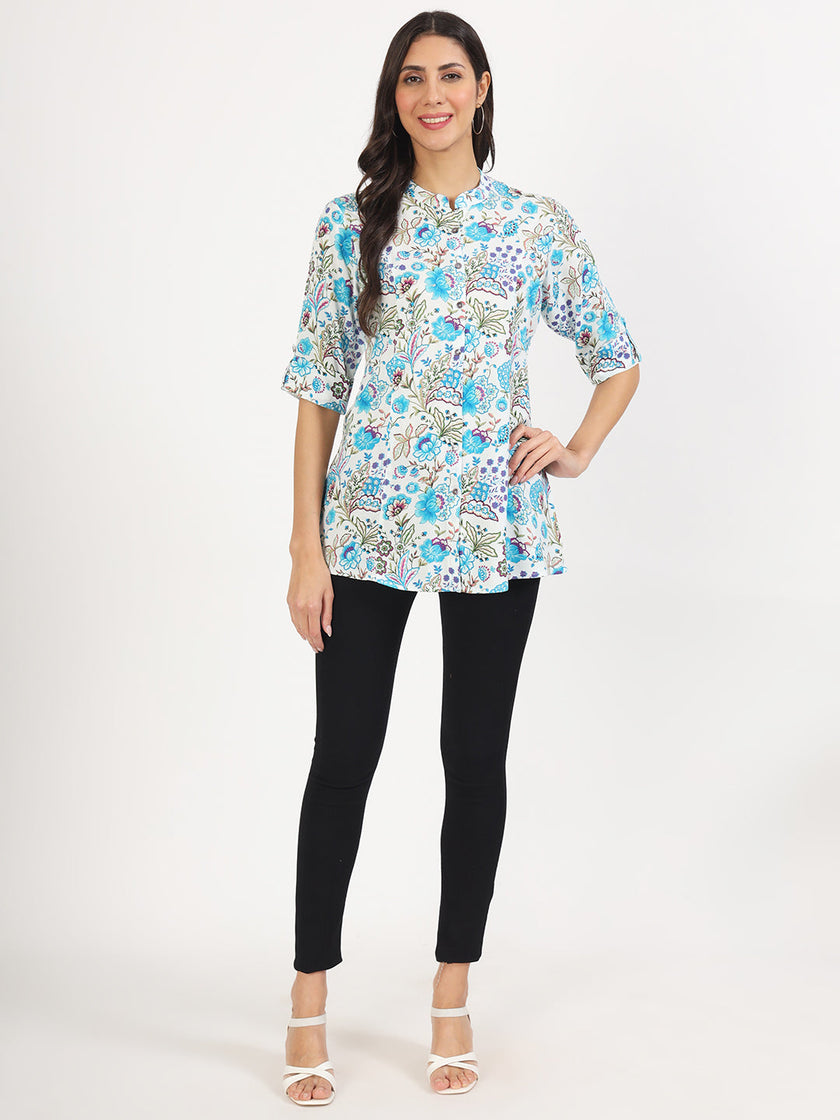 Divena White Floral Printed Rayon Top