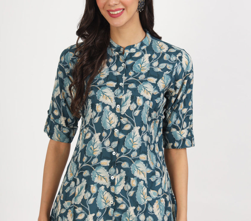 Divena Bottle Green Floral Printed Rayon Top