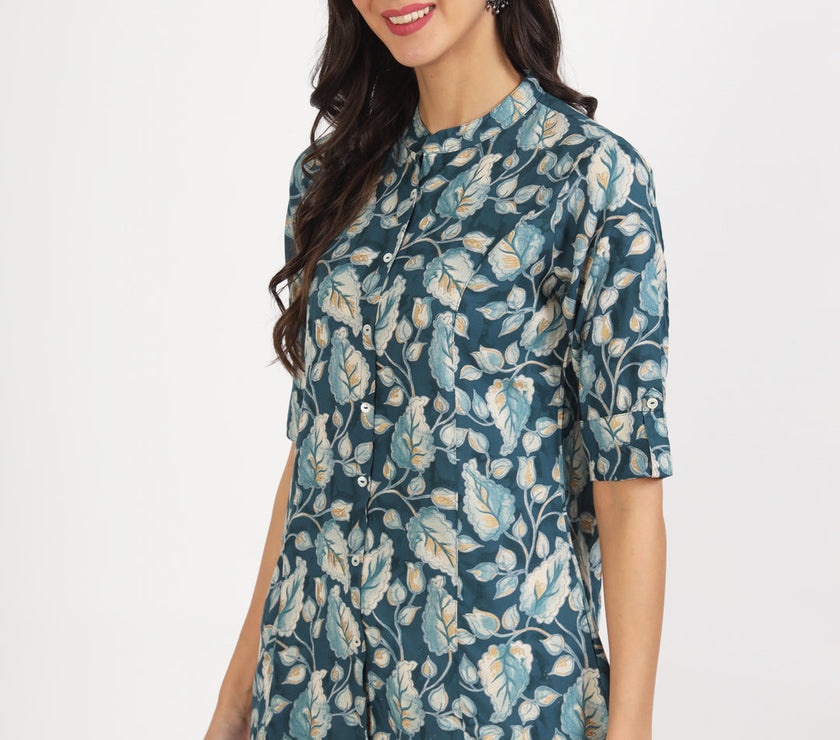 Divena Bottle Green Floral Printed Rayon Top